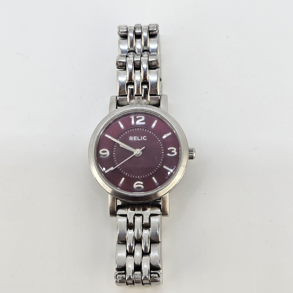 Relic Women's Analog Watch 27MM Burgundy Dial Gray Bands 5.25" NEW Battery